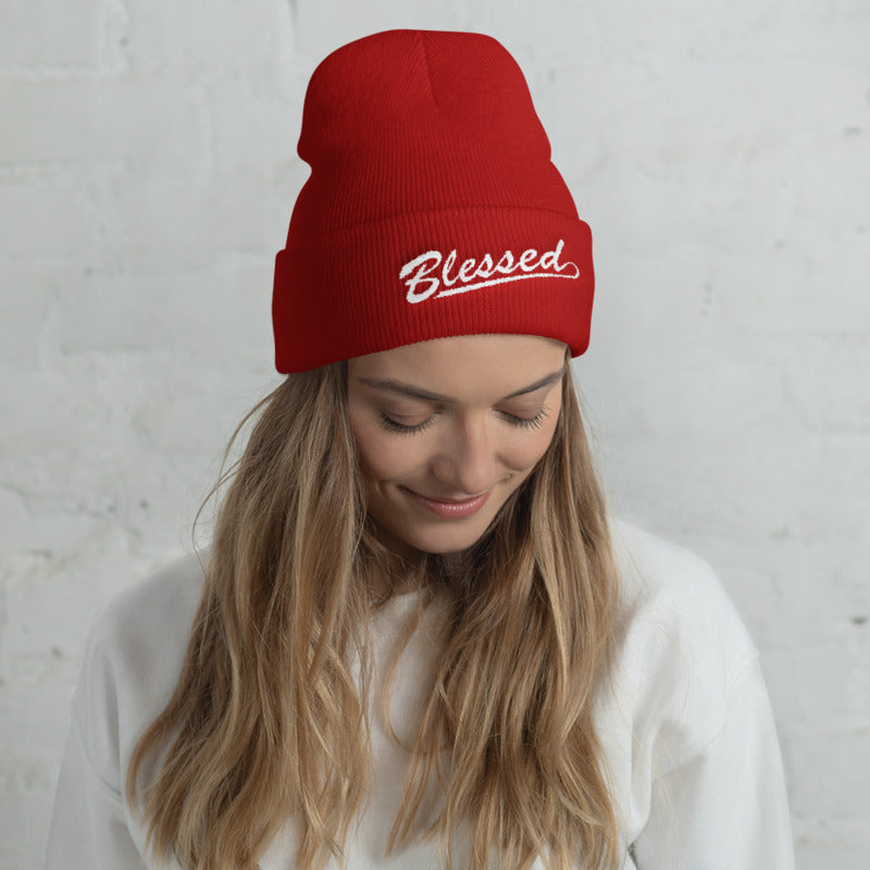 Blessed - Christian Faith Embroidered Cuffed Beanie Hat as worn by female model - Colour Red from forzatees.com