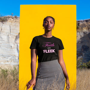 Faith-on-Fleek-as-worn-by-Beautiful-Woman-Standing-Against-a-Yellow-Rectangle-from-forzatees.com