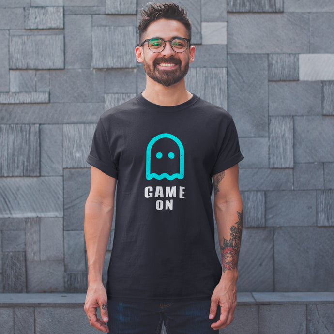 Game-On-Ghost-Black-T-Shirt-worn-by-happy-man-with-glasses-from-forzatees
