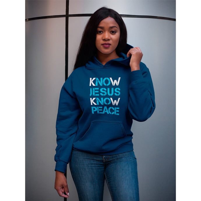 Know-Jesus-Know-Peace-Hooded-Top-Worn-by-Girl-Navy-from-forzatees.com