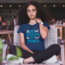 Know-Jesus-Know-Peace-T-Shirt-on-Woman-Sitting-Crosse-Legged-Navy-from-forzatees.com-1080x1080