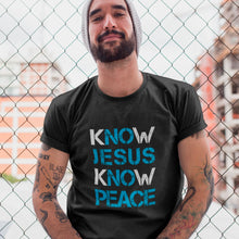 Know-Jesus-Know-Peace-T-shirt-on-Man-with-Hat-Black-from-forzatees.com
