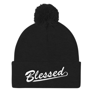 Blessed - Christian Faith Embroidered Pom Pom Knit Cap in Black from forzatees.com