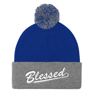 Blessed - Christian Faith Embroidered Pom Pom Knit Cap in Blue and Grey from forzatees.com