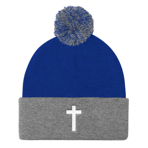 Holy Cross - Christian Faith Embroidered Pom Pom Knit Cap in blue and grey from forzatees.com
