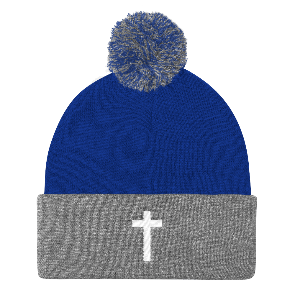 Holy Cross - Christian Faith Embroidered Pom Pom Knit Cap in blue and grey from forzatees.com