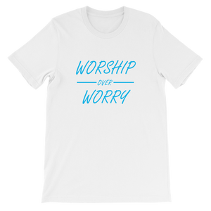Worship Over Worry Religious Christian Unisex T-Shirt in White from forzatees.com