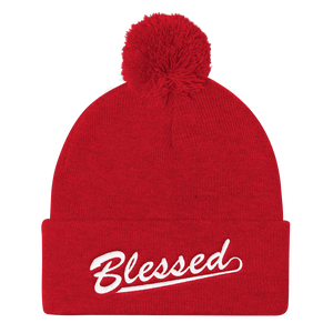 Blessed - Christian Faith Embroidered Pom Pom Knit Cap in Red from forzatees.com