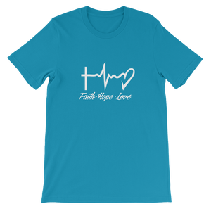 Faith - Hope - Love - Religious Christian Unisex T-Shirt in Aqua Blue from forzatees.com