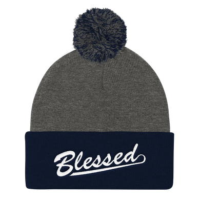 Blessed - Christian Faith Embroidered Pom Pom Knit Cap in Grey and Navy from forzatees.com