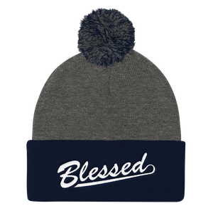 Blessed - Christian Faith Embroidered Pom Pom Knit Cap in Grey and Navy from forzatees.com