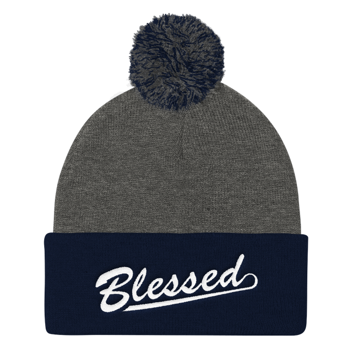 Blessed - Christian Faith Embroidered Pom Pom Knit Cap in Grey and Navy from forzatees.com