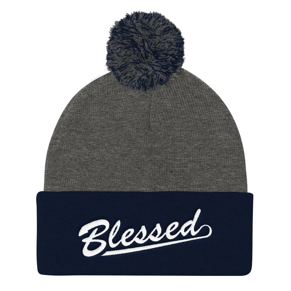 Blessed - Christian Faith Embroidered Pom Pom Knit Cap in Grey and Navy from forzatees.com