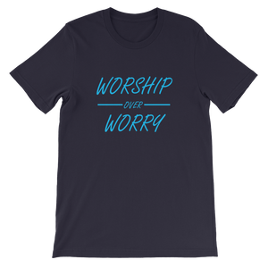 Worship Over Worry Religious Christian Unisex T-Shirt in Navy from forzatees.com