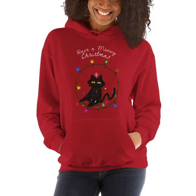 Have a Meowy Christmas - Cat in Fairy Lights - Hooded Unisex Sweatshirt from forza tees