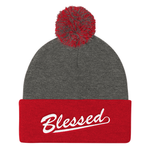 Blessed - Christian Faith Embroidered Pom Pom Knit Cap in Grey and Red from forzatees.com