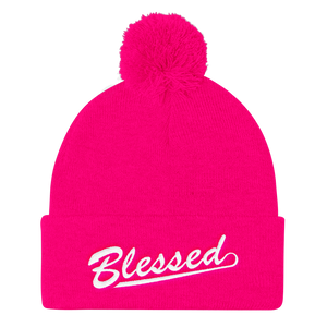 Blessed - Christian Faith Embroidered Pom Pom Knit Cap in Neon Pink from forzatees.com