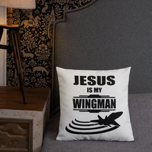 Jesus is my Wingman - Christian Faith Premium Pillow 18x18 resting on bed from forzatees.com
