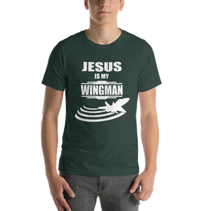 Jesus is my Wingman - Religious Christian Clothing Short-Sleeve Men's T-Shirt heather forest - Original design from forzatees.com