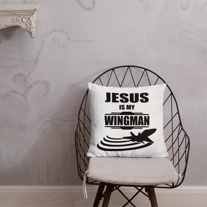 Jesus is my Wingman - Christian Faith Premium Pillow 18x18 resting on chair from forzatees.com