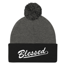Blessed - Christian Faith Embroidered Pom Pom Knit Cap in Grey and Black from forzatees.com