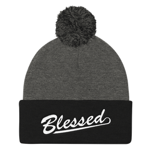 Blessed - Christian Faith Embroidered Pom Pom Knit Cap in Grey and Black from forzatees.com