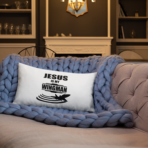Jesus is my Wingman - Christian Faith Premium Pillow 20x12 resting on Sofa from forzatees.com